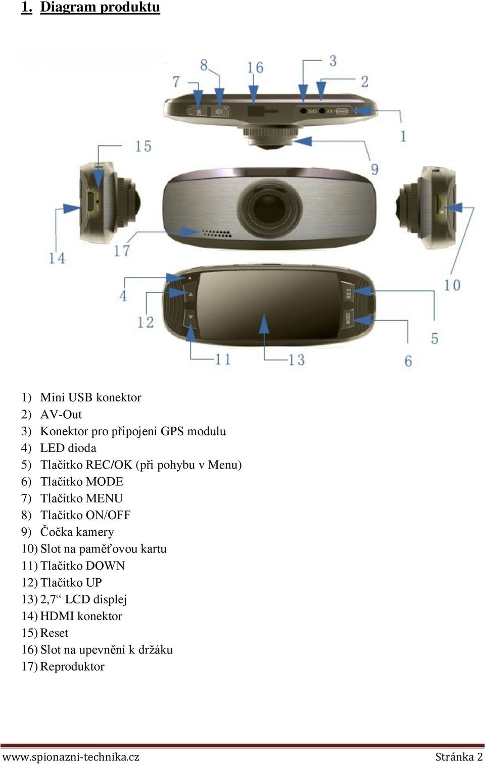 9) Čočka kamery 10) Slot na paměťovou kartu 11) Tlačítko DOWN 12) Tlačítko UP 13) 2,7 LCD displej