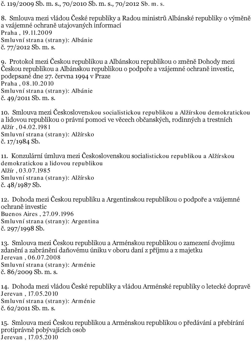 června 1994 v Praze Praha, 08.10.2010 Smluvní strana (strany): Albánie č. 49/2011 Sb. m. s. 10.