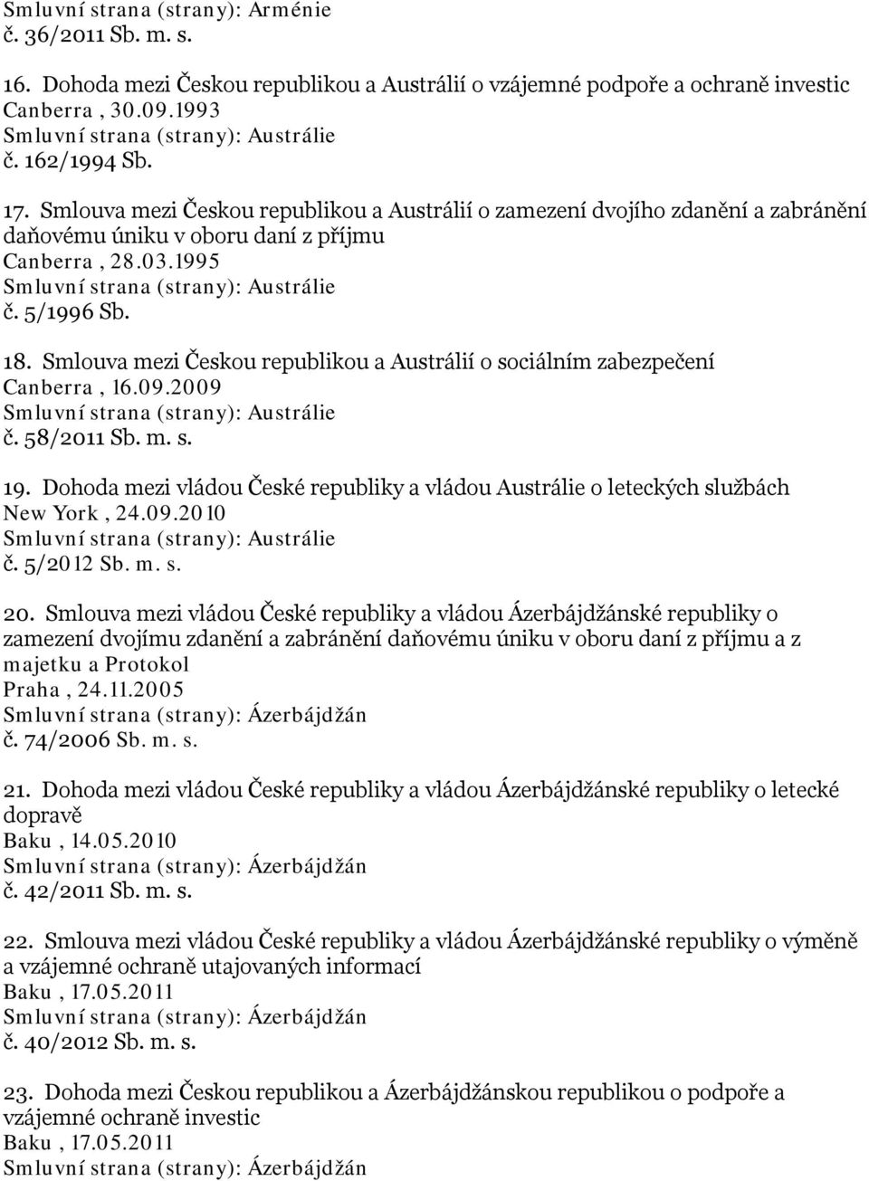 5/1996 Sb. 18. Smlouva mezi Českou republikou a Austrálií o sociálním zabezpečení Canberra, 16.09.2009 Smluvní strana (strany): Austrálie č. 58/2011 Sb. m. s. 19.