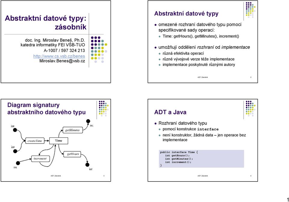 různá efektivita operací různé vývojové verze téže implementace implementace poskytnuté různými autory ADT: Zásobník 2 Diagram signatury abstraktního datového typu ADT a Java Rozhraní