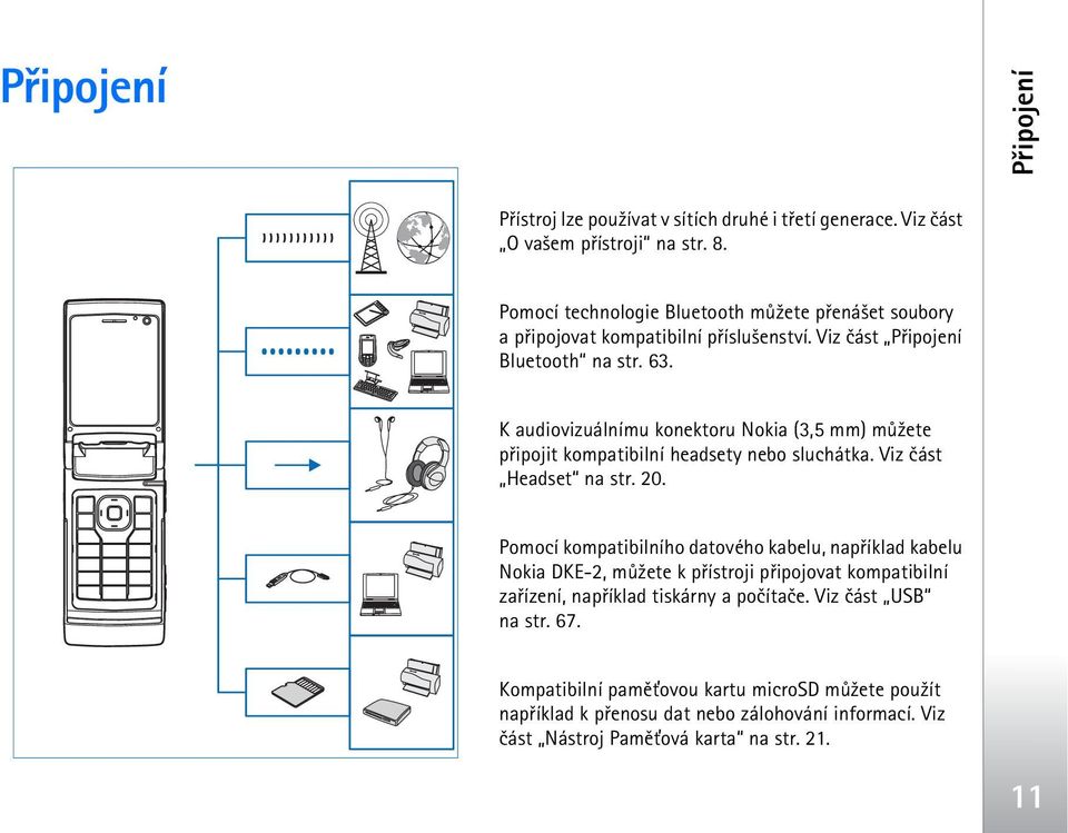 K audiovizuálnímu konektoru Nokia (3,5 mm) mù¾ete pøipojit kompatibilní headsety nebo sluchátka. Viz èást Headset na str. 20.