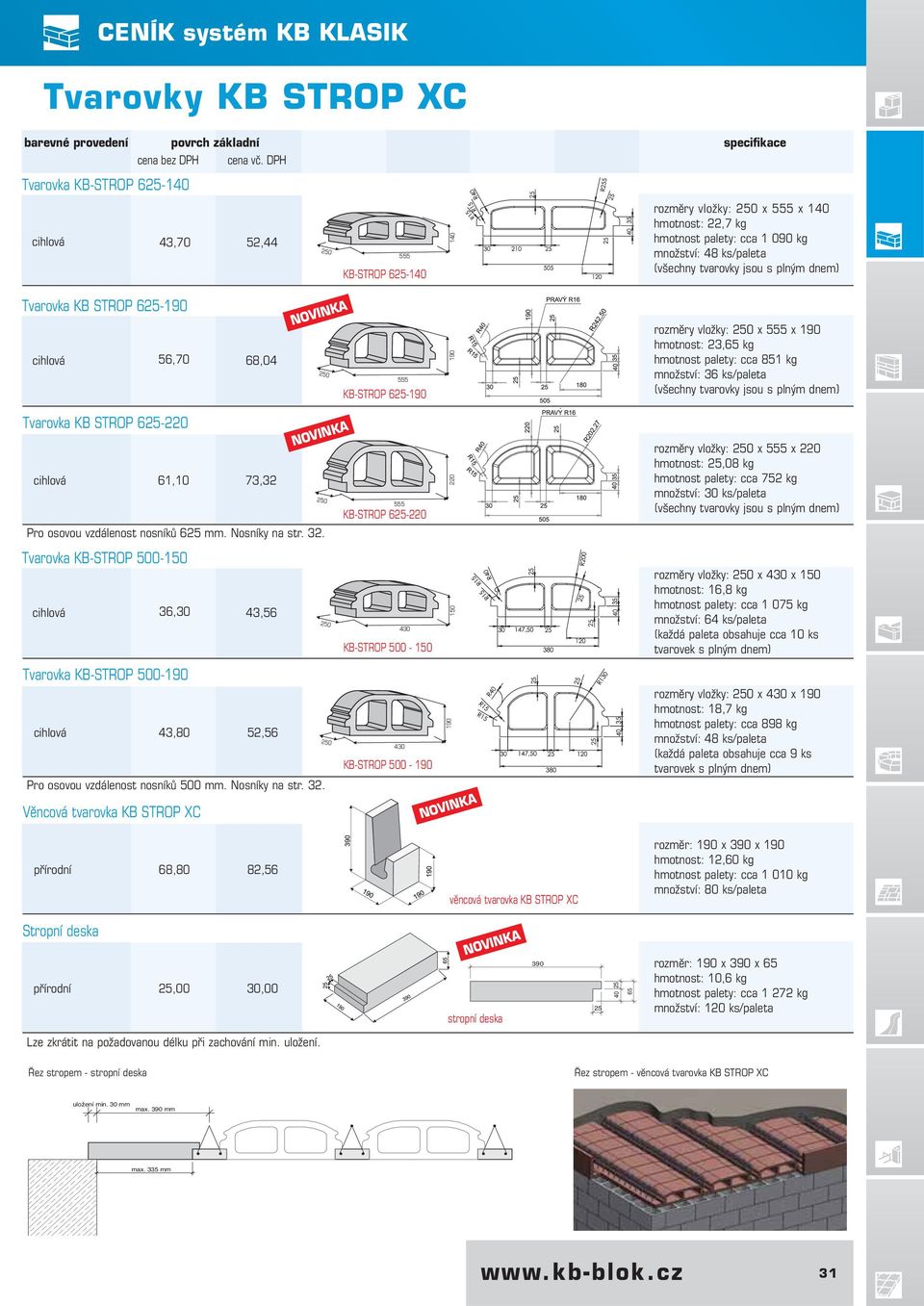 jsou s plným dnem) Tvarovka 625-190 cihlová 56,70 68,04 NOVINKA 250 555 KB-STROP 625-190 190 rozměry vložky: 250 x 555 x 190 hmotnost: 23,65 kg hmotnost palety: cca 851 kg množství: 36 ks/paleta