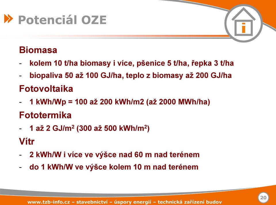 až 200 kwh/m2 (až 2000 MWh/ha) Fototermika - 1 až 2 GJ/m 2 (300 až 500 kwh/m 2 ) Vítr -