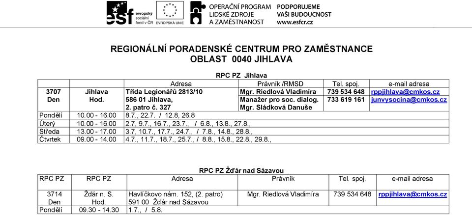 8, 26.8 Úterý 10.00-16.00 2.7, 9.7., 16.7., 23.7., / 6.8., 13.8., 27.8., Středa 13.00-17.00 3.7, 10.7., 17.7., 24.7., / 7.8., 14.8., 28.8., Čtvrtek 09.00-14.00 4.7., 11.7., 18.7., 25.7., / 8.8., 15.