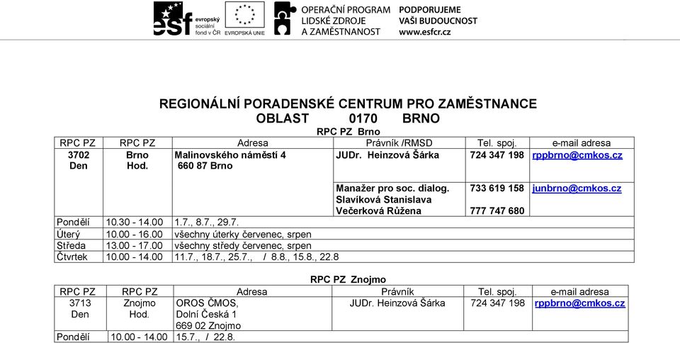 00-17.00 všechny středy červenec, srpen Čtvrtek 10.00-14.00 11.7., 18.7., 25.7., / 8.8., 15.8., 22.8 733 619 158 777 747 680 junbrno@cmkos.