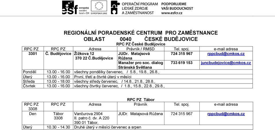 00-16.00 První, třetí a čtvrté úterý v měsíci Středa 13.00-18.00 všechny středy červenec, / 14.8., 21.8., 28.8., Čtvrtek 13.00-16.00 všechny čtvrtky červenec, / 1.8., 15.8., 22.8., 29.8., RPC PZ 3308 RPC PZ Tábor RPC PZ Adresa Právník Tel.