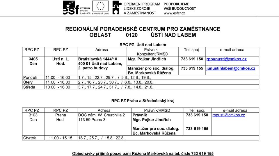 8., 14.8., 21.8., Tel. spoj. e-mail adresa Mgr. Pojkar Jindřich 733 619 150 rppunusti@cmkos.cz 733 619 155 junustinlabem@cmkos.cz RPC PZ Praha a Středočeský kraj RPC PZ RPC PZ Adresa Právník/RMSD Tel.