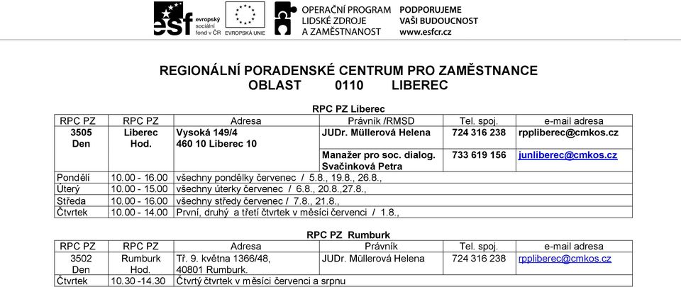 00 všechny úterky červenec / 6.8., 20.8.,27.8., Středa 10.00-16.00 všechny středy červenec / 7.8., 21.8., Čtvrtek 10.00-14.