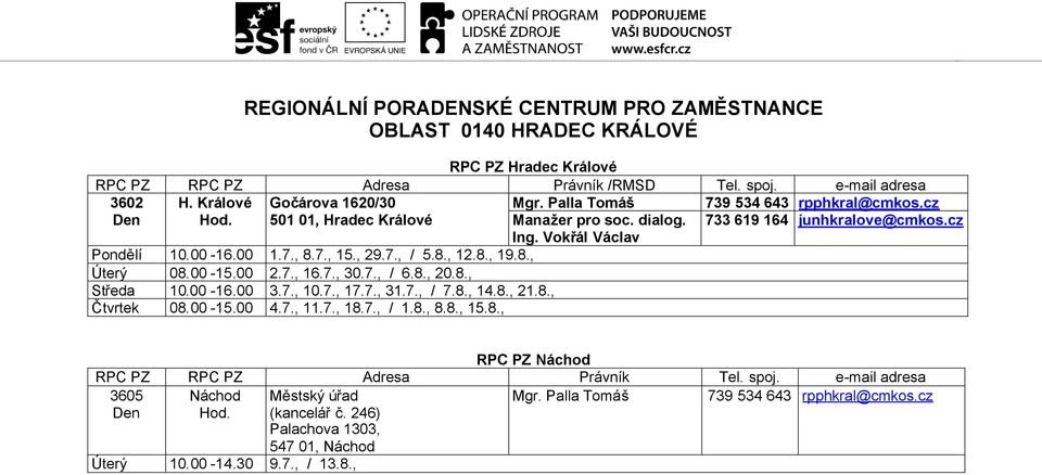 00-15.00 2.7., 16.7., 30.7., / 6.8., 20.8., Středa 10.00-16.00 3.7., 10.7., 17.7., 31.7., / 7.8., 14.8., 21.8., Čtvrtek 08.00-15.00 4.7., 11.7., 18.7., / 1.8., 8.8., 15.