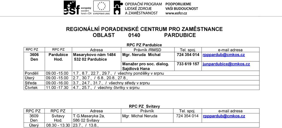 00-15.00 2.7., 30.7., / 6.8., 20.8., 27.8., Středa 09.00-16.00 3.7., 24.7., 31.7., / všechny středy v srpnu Čtvrtek 11.00-17.30 4.7., 25.7., / všechny čtvrtky v srpnu RPC PZ Svitavy 3609 Svitavy T.