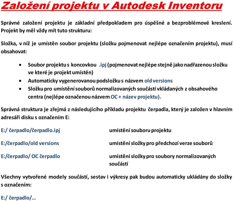 ipj (pojmenovat nejlépe stejně jako nadřazenou složku ve které je projekt umístěn) Automaticky vygenerovanou podsložku s názvem old versions Složku pro umístění souborů normalizovaných součástí