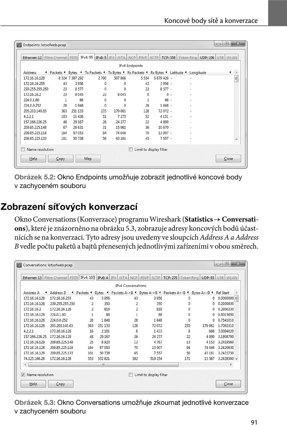 (Konverzace) programu Wireshark (Statistics Conversations), které je znázorněno na obrázku 5.
