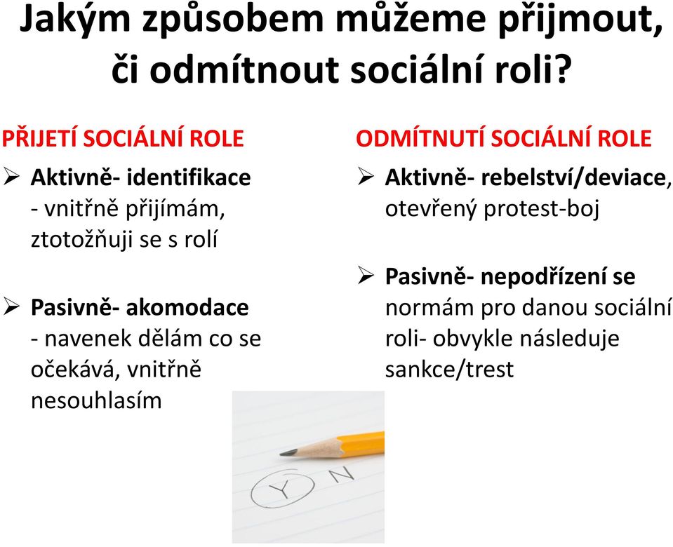 akomodace - navenek dělám co se očekává, vnitřně nesouhlasím ODMÍTNUTÍ SOCIÁLNÍ ROLE Aktivně-