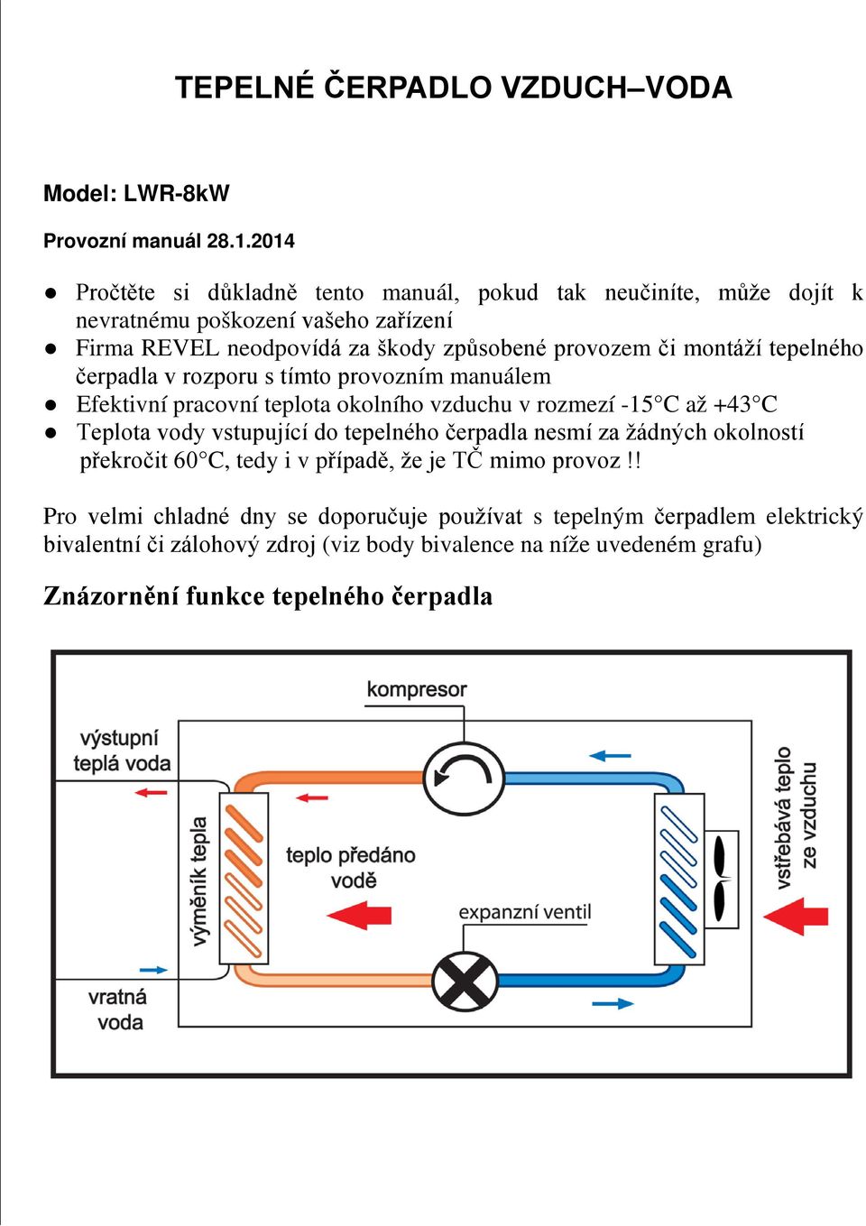 montáží tepelného čerpadla v rozporu s tímto provozním manuálem Efektivní pracovní teplota okolního vzduchu v rozmezí -15 C až +43 C Teplota vody vstupující do tepelného