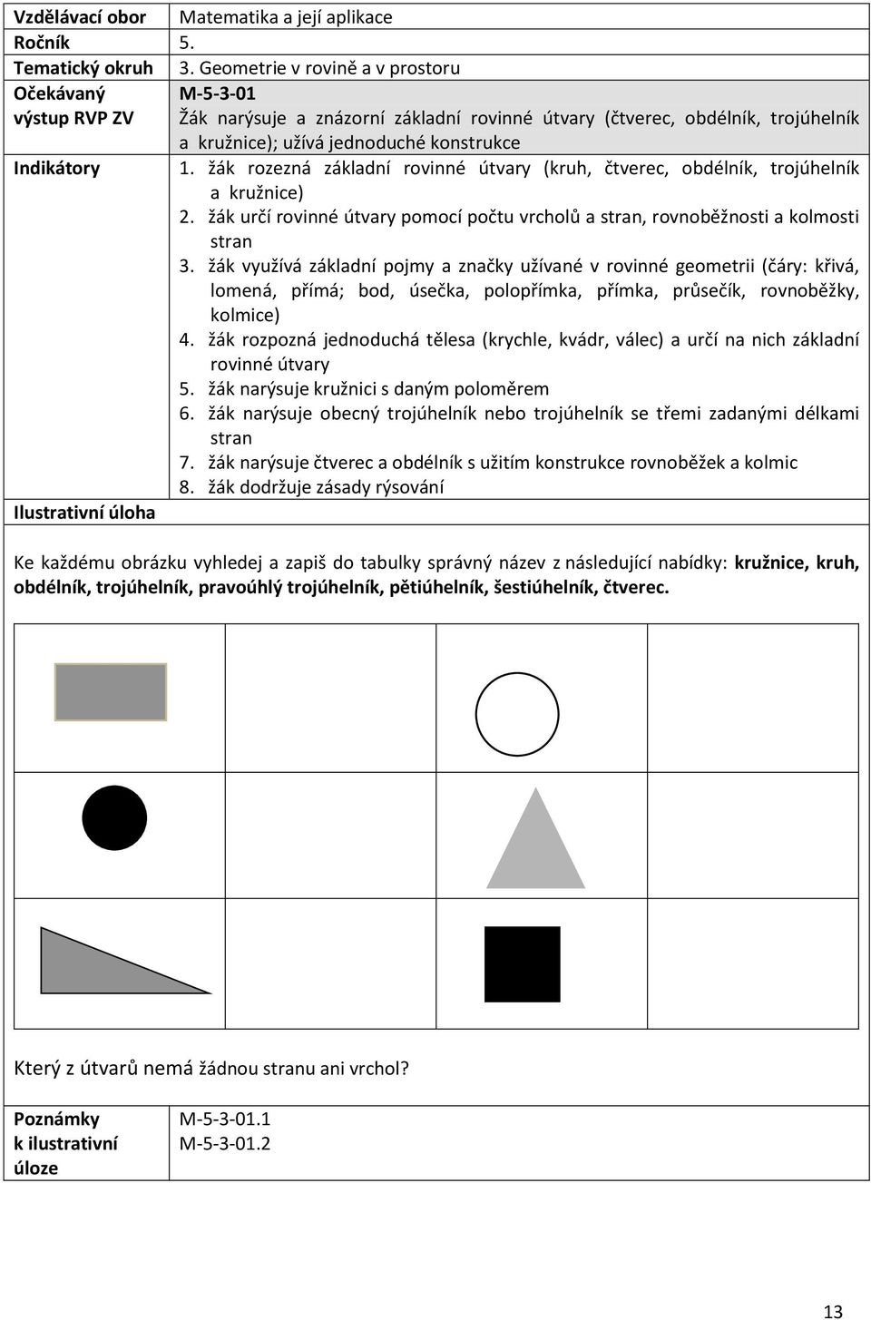 žák rozezná základní rovinné útvary (kruh, čtverec, obdélník, trojúhelník a kružnice) 2. žák určí rovinné útvary pomocí počtu vrcholů a stran, rovnoběžnosti a kolmosti stran 3.