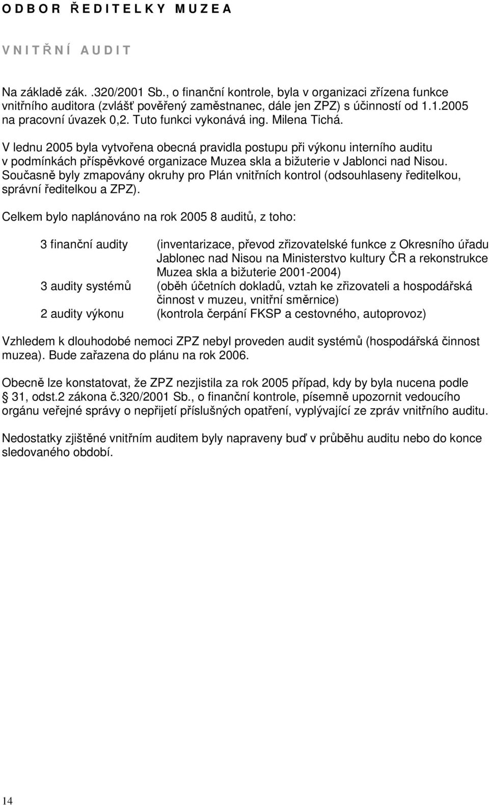 Milena Tichá. V lednu 2005 byla vytvořena obecná pravidla postupu při výkonu interního auditu v podmínkách příspěvkové organizace Muzea skla a bižuterie v Jablonci nad Nisou.