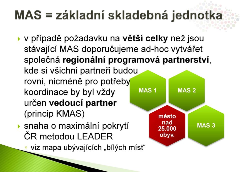 potřeby koordinace by byl vždy určen vedoucí partner (princip KMAS) snaha o maximální