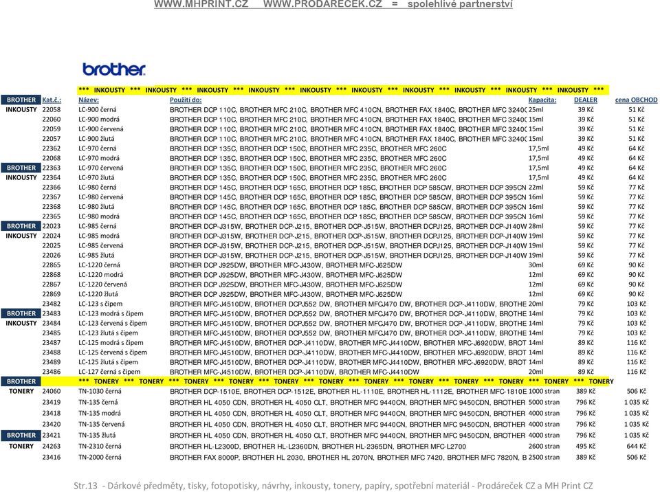 modrá BROTHER DCP 110C, BROTHER MFC 210C, BROTHER MFC 410CN, BROTHER FAX 1840C, BROTHER MFC 3240C 15ml 39 Kč 51 Kč 22059 LC-900 červená BROTHER DCP 110C, BROTHER MFC 210C, BROTHER MFC 410CN, BROTHER