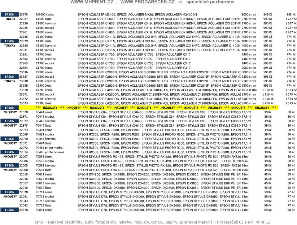 22925 C1600 modrá EPSON ACULASER C1600, EPSON ACULASER CX16, EPSON ACULASER CX16DNF, EPSON ACULASER CX16DTNF, 2700 stran 990 Kč 1 287 Kč 22761 C1600 černá EPSON ACULASER C1600, EPSON ACULASER CX16,