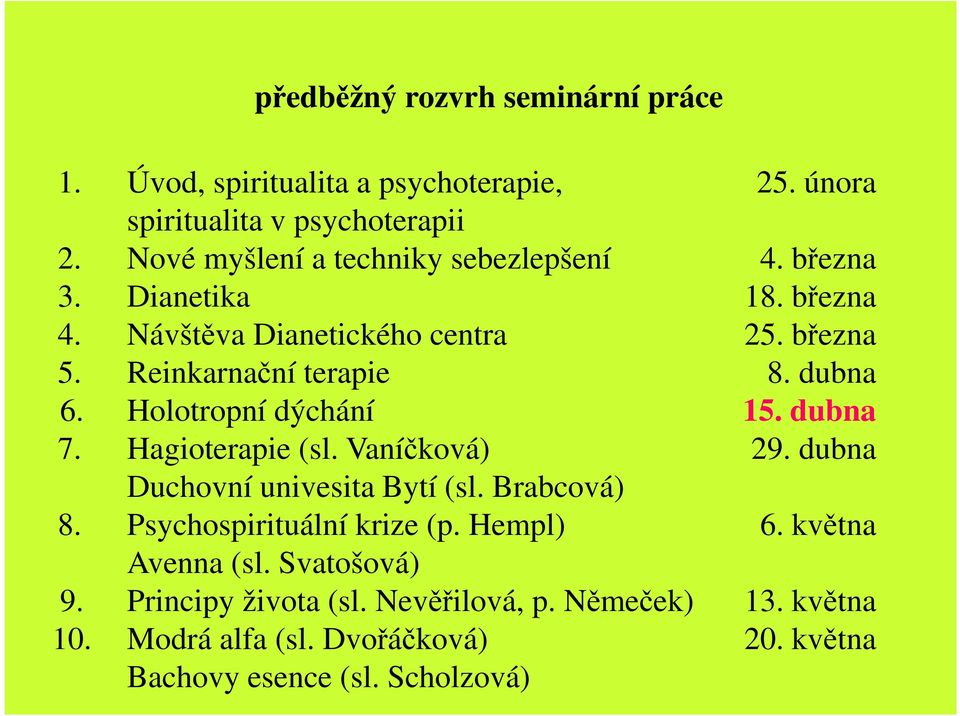 dubna 6. Holotropní dýchání 15. dubna 7. Hagioterapie (sl. Vaníčková) 29. dubna Duchovní univesita Bytí (sl. Brabcová) 8.