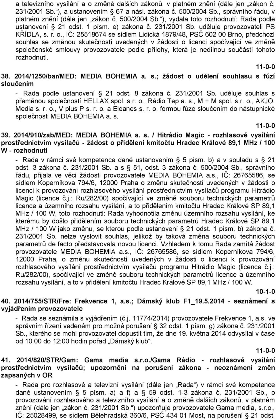 st. 1 písm. e) zákona č. 231/2001 Sb. uděluje provozovateli PS KŘÍDLA, s. r. o.