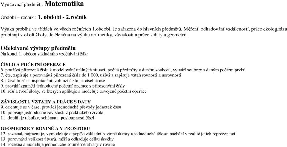 období základního vzdělávání žák: ČÍSLO A POČETNÍ OPERACE 6. používá přirozená čísla k modelování reálných situací, počítá předměty v daném souboru, vytváří soubory s daným počtem prvků 7.