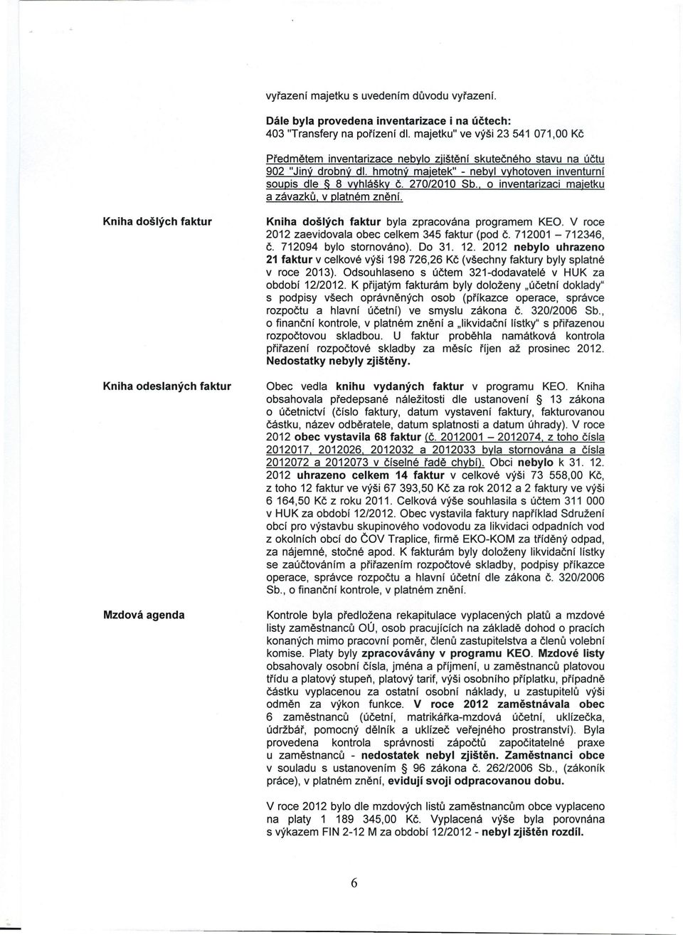 270/2010 Sb., o inventarizaci majetku a závazků, v platném znění. č. Kniha došlých faktur byla zpracována programem KEO. V roce 2012 zaevidovala obec celkem 345 faktur (pod č. 712001-712346, č.