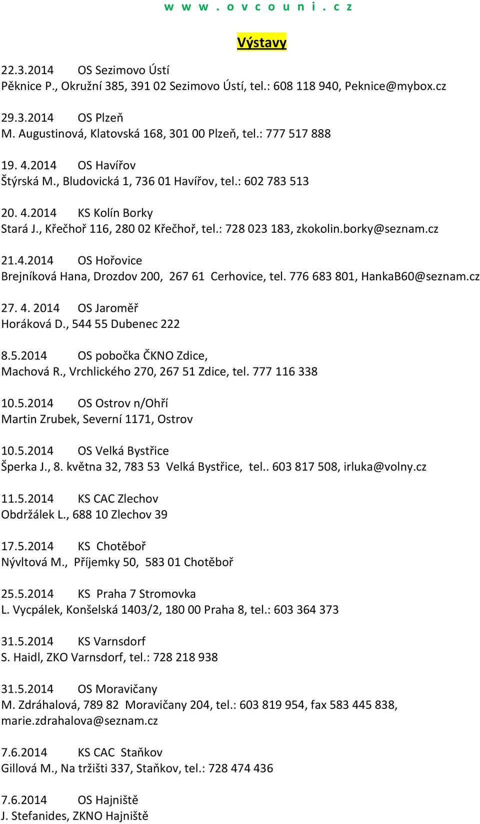 borky@seznam.cz 21.4.2014 OS Hořovice Brejníková Hana, Drozdov 200, 267 61 Cerhovice, tel. 776 683 801, HankaB60@seznam.cz 27. 4. 2014 OS Jaroměř Horáková D., 544 55 Dubenec 222 8.5.2014 OS pobočka ČKNO Zdice, Machová R.