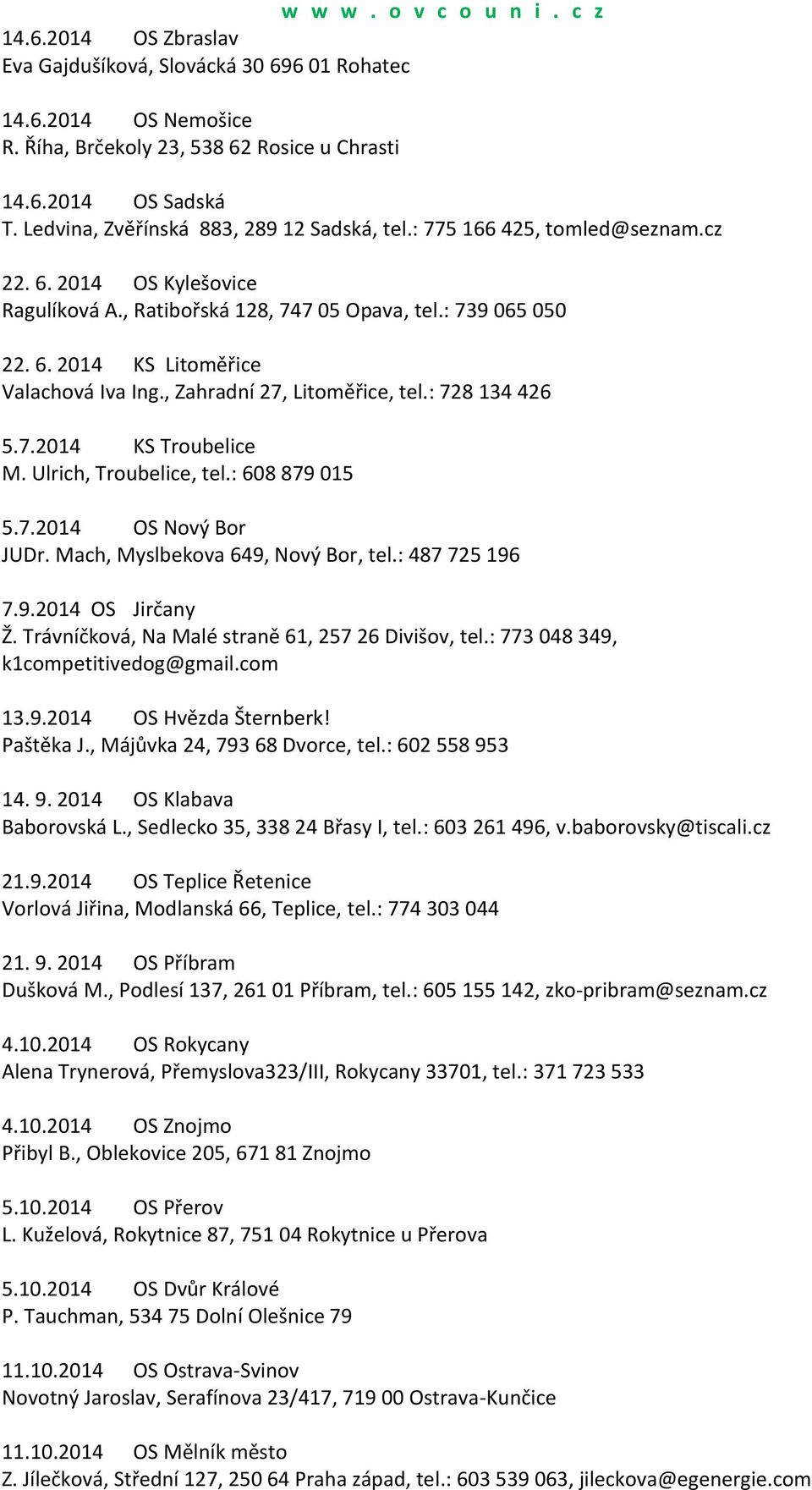 : 728 134 426 5.7.2014 KS Troubelice M. Ulrich, Troubelice, tel.: 608 879 015 5.7.2014 OS Nový Bor JUDr. Mach, Myslbekova 649, Nový Bor, tel.: 487 725 196 7.9.2014 OS Jirčany Ž.
