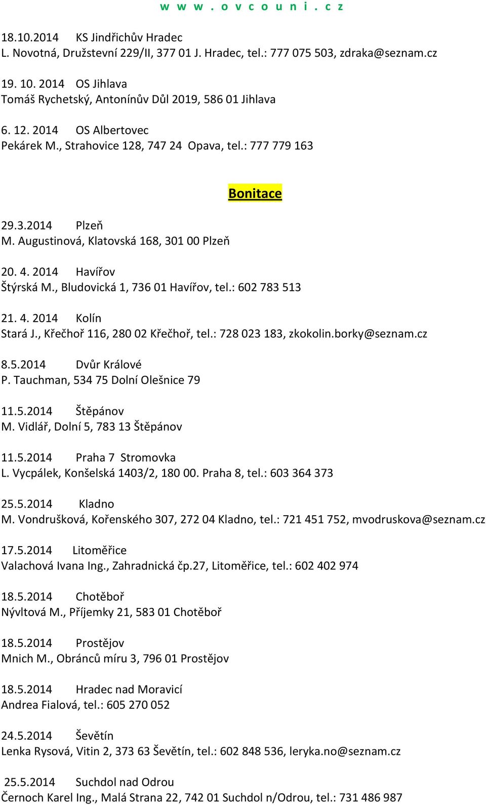 , Bludovická 1, 736 01 Havířov, tel.: 602 783 513 21. 4. 2014 Kolín Stará J., Křečhoř 116, 280 02 Křečhoř, tel.: 728 023 183, zkokolin.borky@seznam.cz 8.5.2014 Dvůr Králové P.
