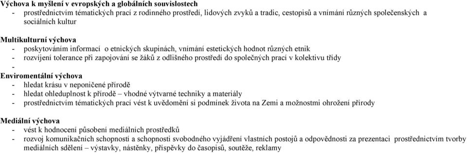 prací v kolektivu třídy - Enviromentální výchova - hledat krásu v neponičené přírodě - hledat ohleduplnost k přírodě vhodné výtvarné techniky a materiály - prostřednictvím tématických prací vést k