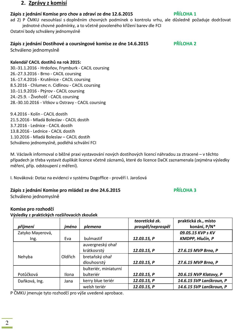 body schváleny jednomyslně Zápis z jednání Dostihové a coursingové komise ze dne 14.6.2015 PŘÍLOHA 2 Kalendář CACIL dostihů na rok 2015: 30.-31.1.2016 - Hrdoňov, Frymburk - CACIL coursing 26.-27.3.2016 - Brno - CACIL coursing 16.