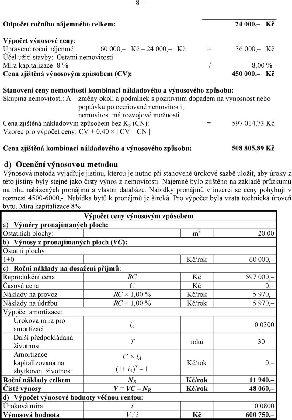 výnosnost nebo poptávku po oceňované nemovitosti, nemovitost má rozvojové možnosti Cena zjištěná nákladovým způsobem bez K p (CN): = 597 014,73 Kč Vzorec pro výpočet ceny: CV + 0,40 CV CN Cena