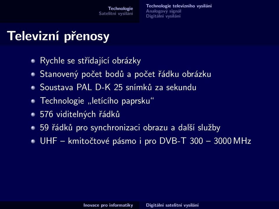 Soustava PAL D-K 25 snímků za sekundu Technologie letícího paprsku 576 viditelných