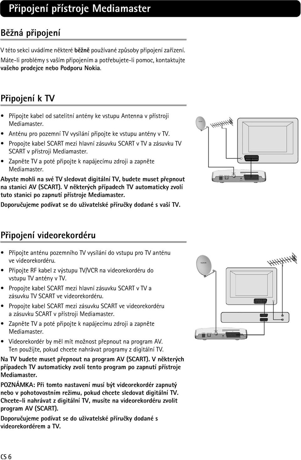 Anténu pro pozemní TV vysílání pøipojte ke vstupu antény v TV. Propojte kabel SCART mezi hlavní zásuvku SCART v TV a zásuvku TV SCART v pøístroji Mediamaster.