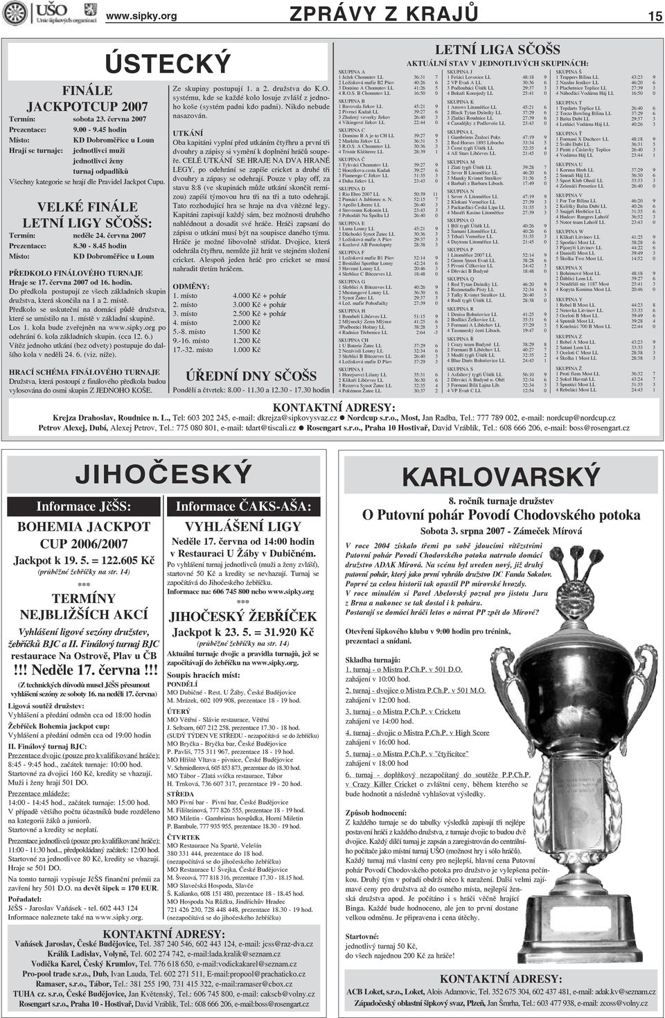 VELKÉ FINÁLE LETNÍ LIGY SČOŠS: Termín: neděle 24. června 2007 Prezentace: 8.30-8.45 hodin Místo: KD Dobroměřice u Loun PŘEDKOLO FINÁLOVÉHO TURNAJE Hraje se 17. června 2007 od 16. hodin. Do předkola postupují ze všech základních skupin družstva, která skončila na 1 a 2.