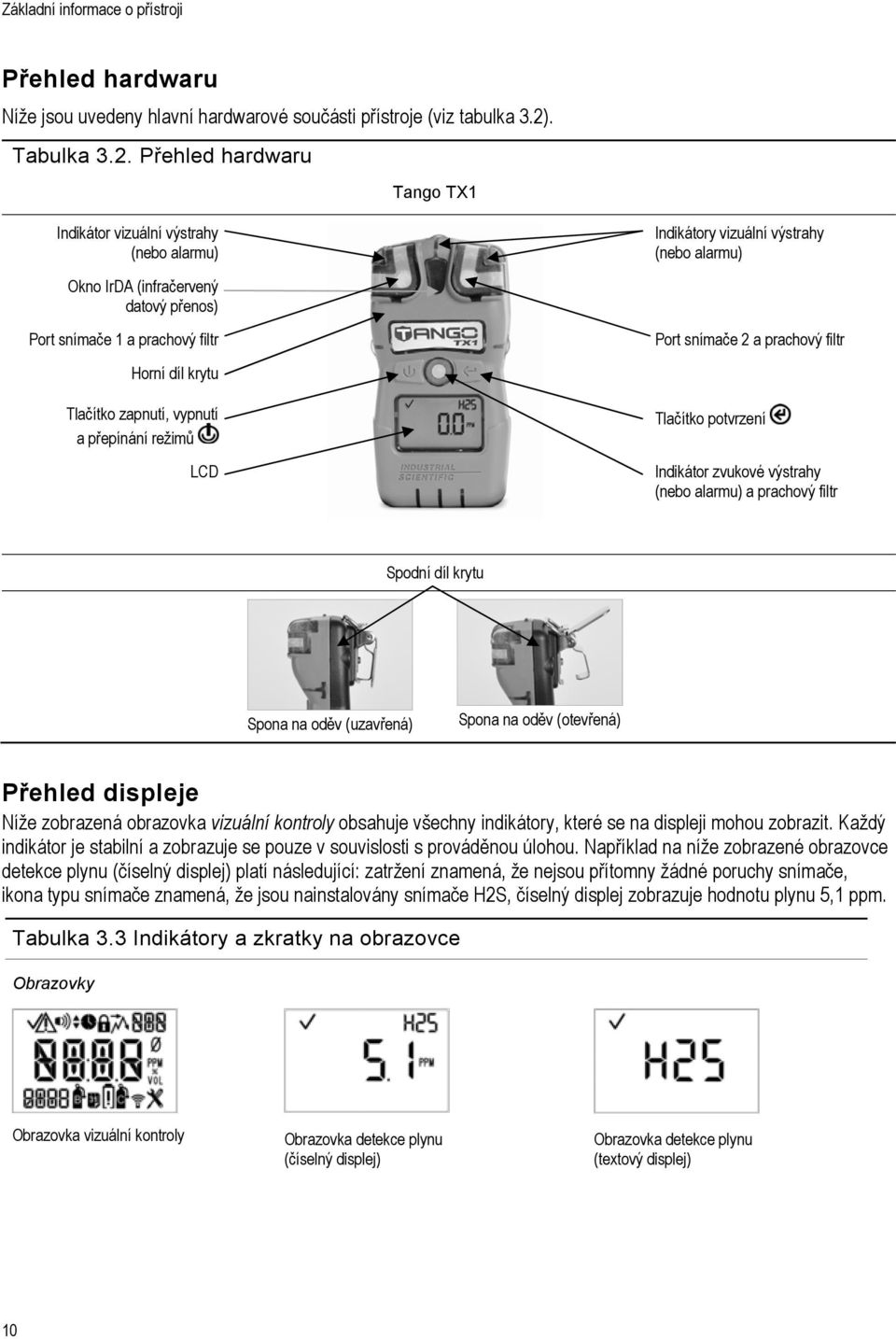 Přehled hardwaru Tango TX1 Indikátor vizuální výstrahy (nebo alarmu) Okno IrDA (infračervený datový přenos) Port snímače 1 a prachový filtr Indikátory vizuální výstrahy (nebo alarmu) Port snímače 2 a