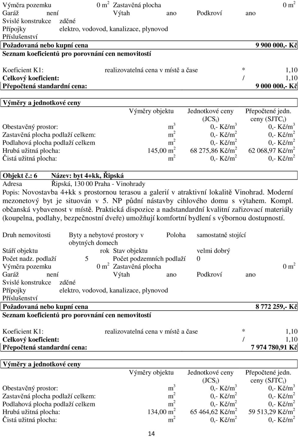 jednotkové ceny Výměry objektu Jednotkové ceny (JCS i ) Přepočtené jedn.