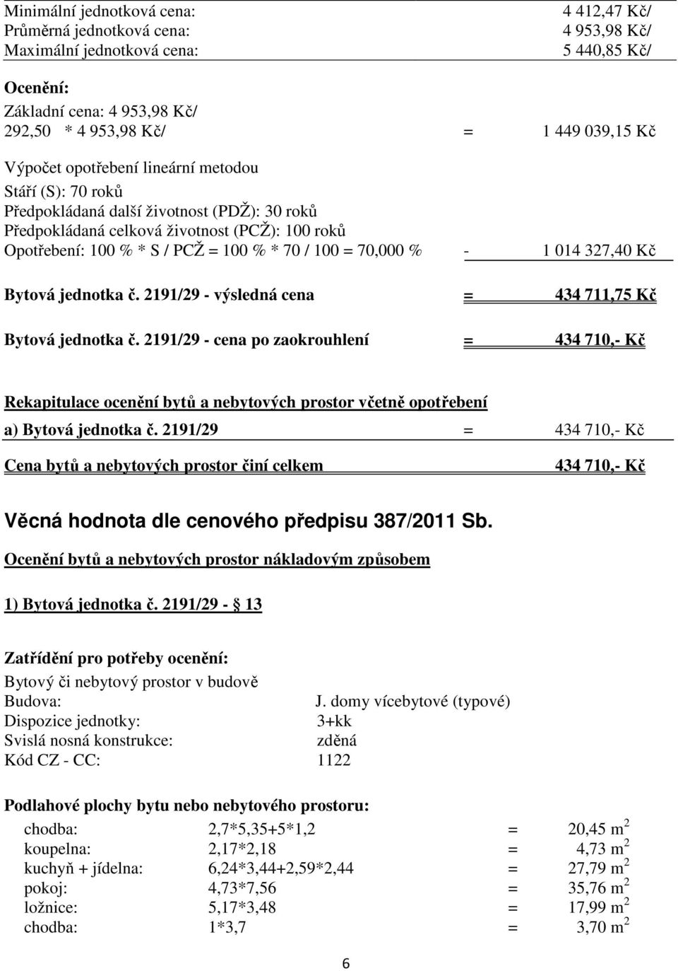 70,000 % - 1 014 327,40 Kč Bytová jednotka č. 2191/29 - výsledná cena = 434 711,75 Kč Bytová jednotka č.