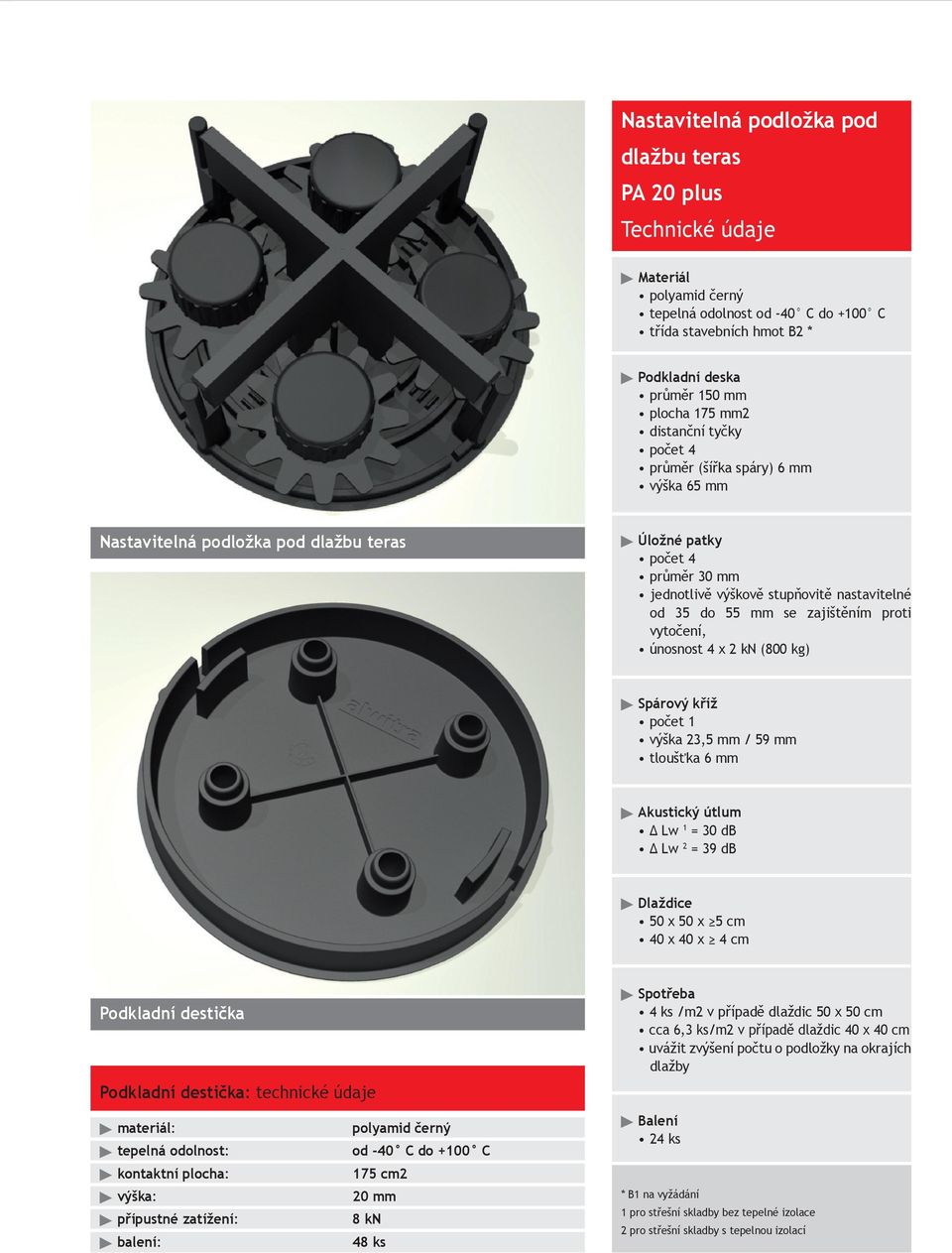 zajištěním proti vytočení, únosnost 4 x 2 kn (800 kg) Spárový kříž počet 1 výška 23,5 mm / 59 mm tloušťka 6 mm Akustický útlum Δ Lw 1 = 30 db Δ Lw 2 = 39 db Dlaždice 50 x 50 x 5 cm 40 x 40 x 4 cm