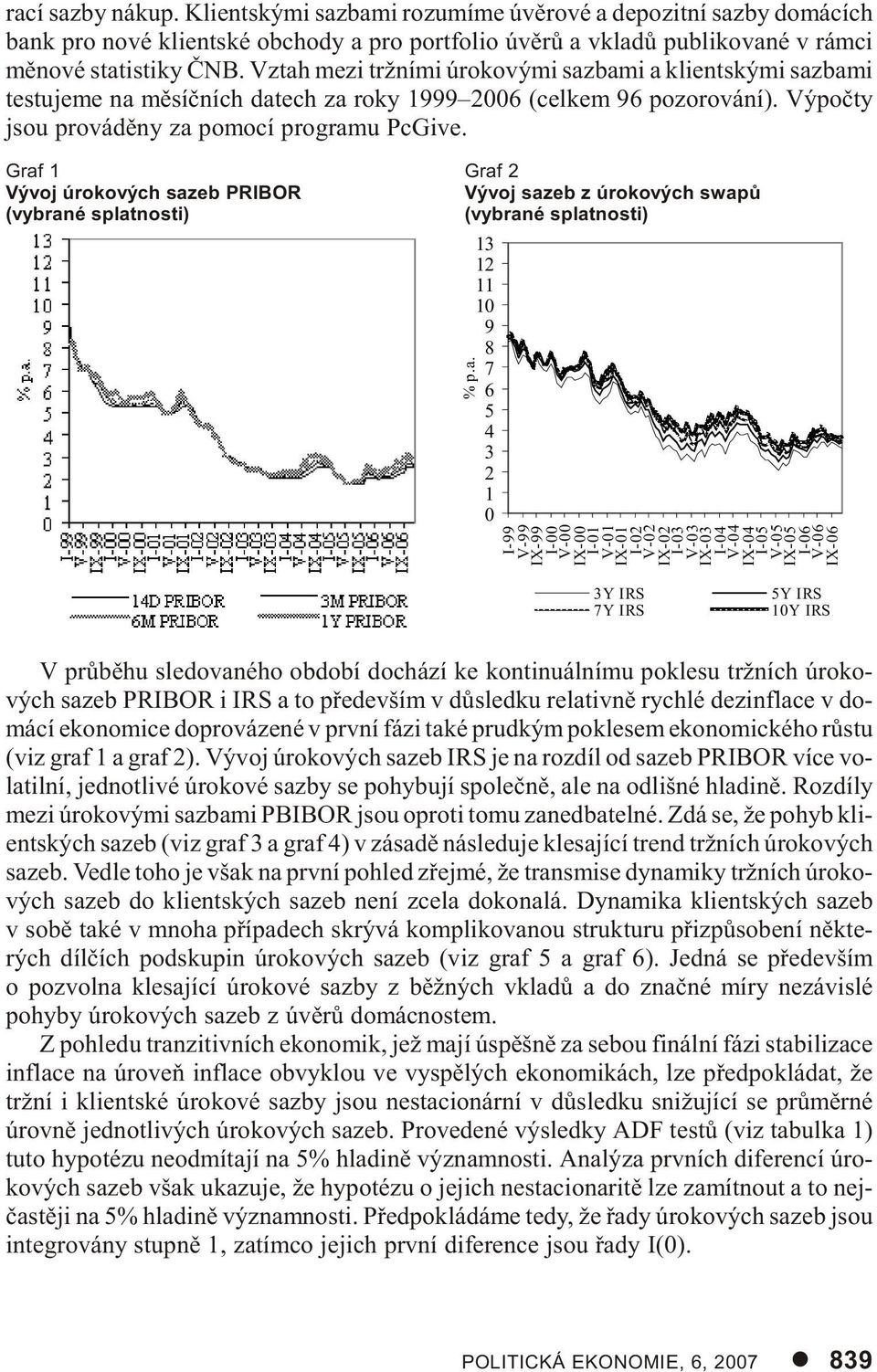 ÈNB. Vztah mezi tržními úro ko vý mi saz ba mi a kli ent ský mi saz ba mi tes tu je me na mì síè ních da tech za roky 999 26 (celkem 96 pozorování). Výpoèty jsou provádìny za pomocí programu PcGive.