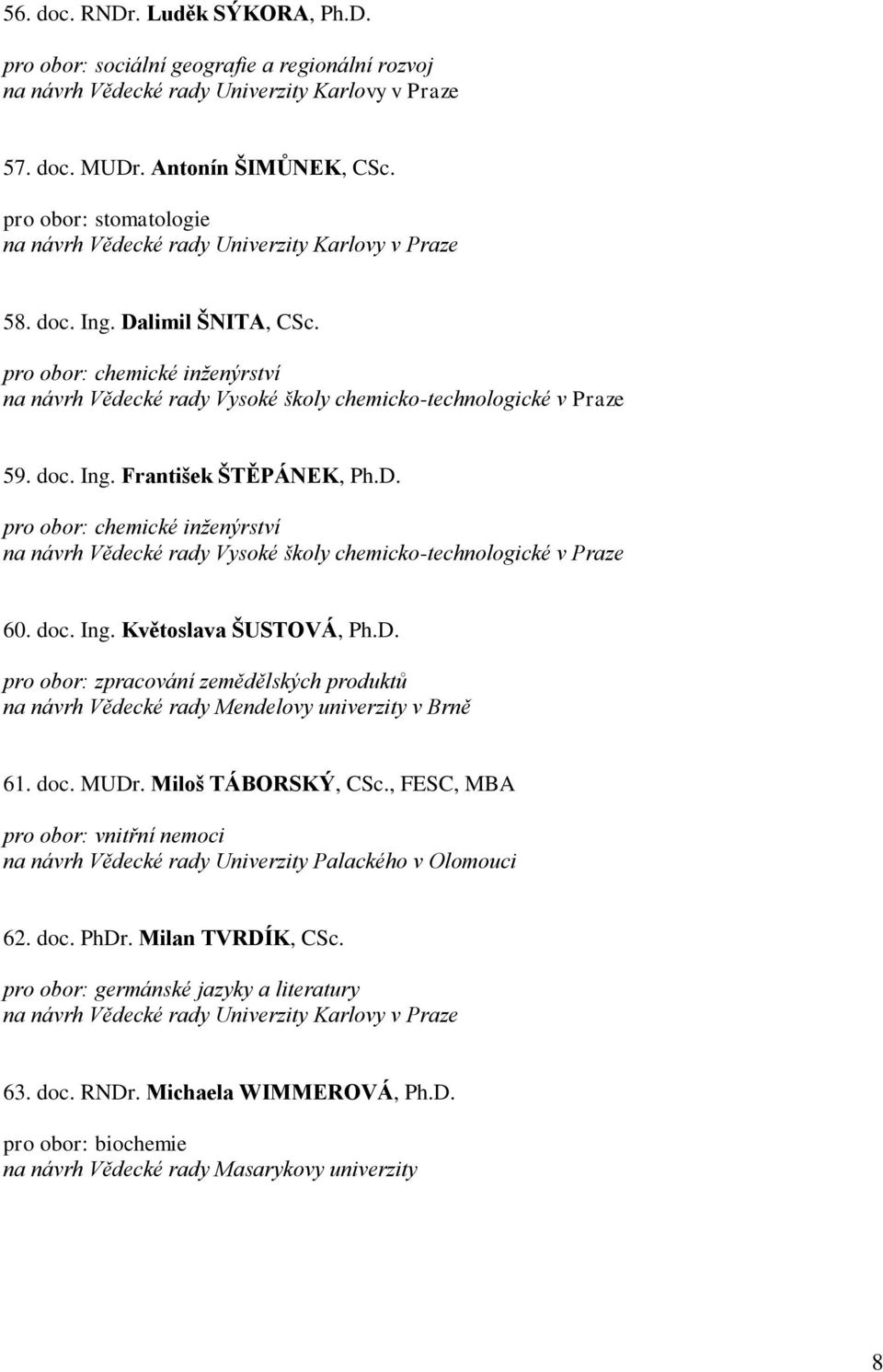 pro obor: chemické inženýrství na návrh Vědecké rady Vysoké školy chemicko-technologické v Praze 60. doc. Ing. Květoslava ŠUSTOVÁ, Ph.D.