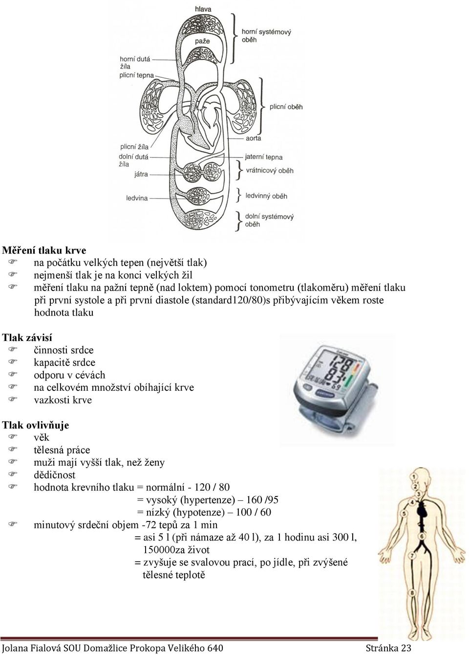 věk tělesná práce muži mají vyšší tlak, než ženy dědičnost hodnota krevního tlaku = normální - 120 / 80 = vysoký (hypertenze) 160 /95 = nízký (hypotenze) 100 / 60 minutový srdeční objem -72 tepů za 1