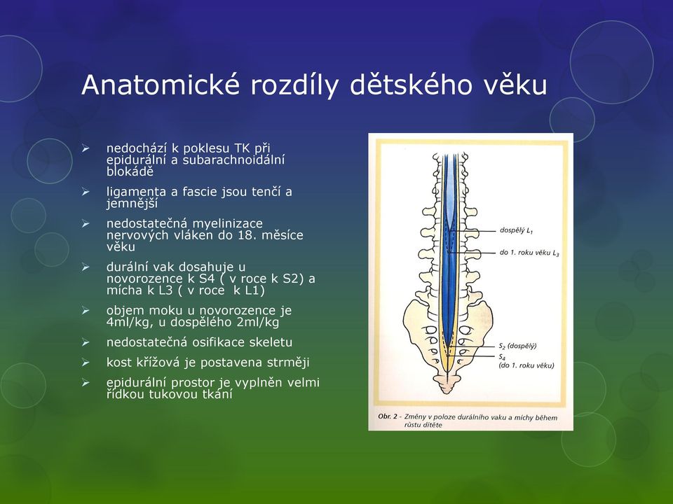 měsíce věku durální vak dosahuje u novorozence k S4 ( v roce k S2) a mícha k L3 ( v roce k L1) objem moku u