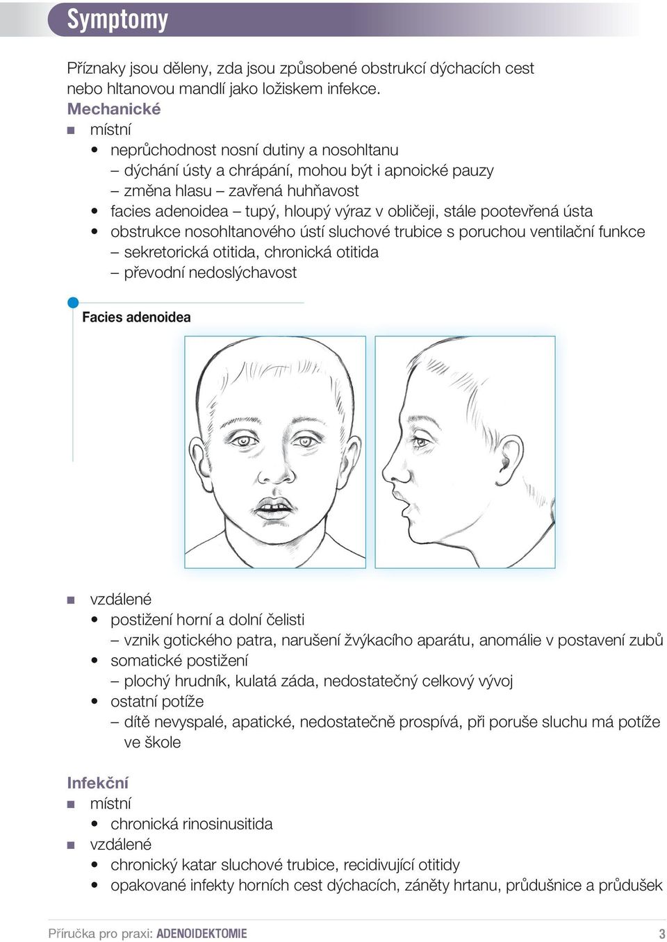pootevřená ústa obstrukce nosohltanového ústí sluchové trubice s poruchou ventilační funkce sekretorická otitida, chronická otitida převodní nedoslýchavost Facies adenoidea vzdálené postižení horní a