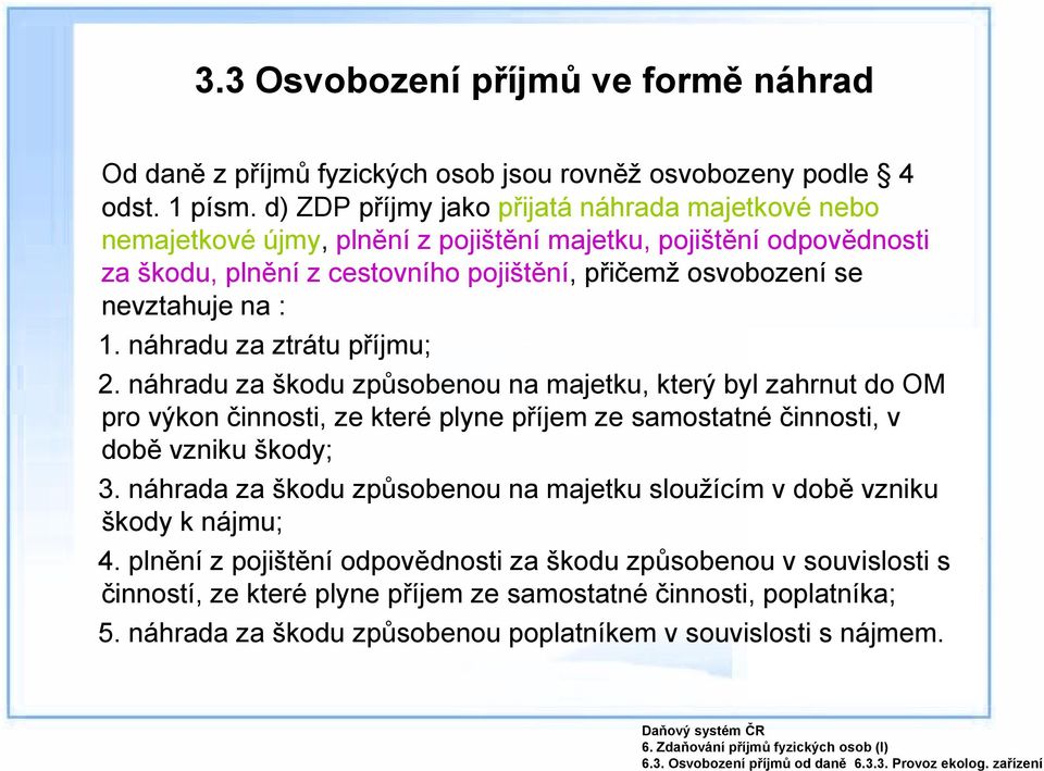 náhradu za ztrátu příjmu; 2. náhradu za škodu způsobenou na majetku, který byl zahrnut do OM pro výkon činnosti, ze které plyne příjem ze samostatné činnosti, v době vzniku škody; 3.