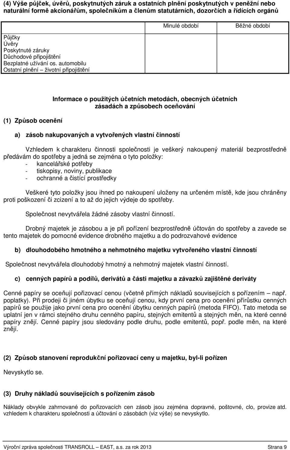 automobilu Ostatní plnění životní připojištění (1) Způsob ocenění Informace o použitých účetních metodách, obecných účetních zásadách a způsobech oceňování a) zásob nakupovaných a vytvořených vlastní