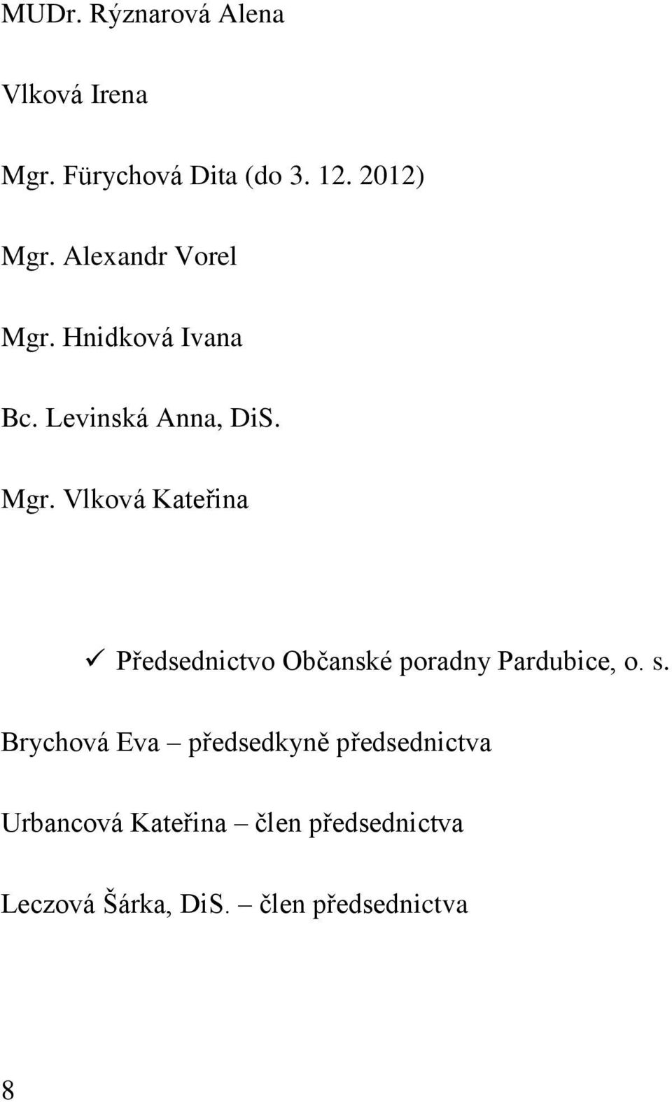 s. Brychová Eva předsedkyně předsednictva Urbancová Kateřina člen předsednictva