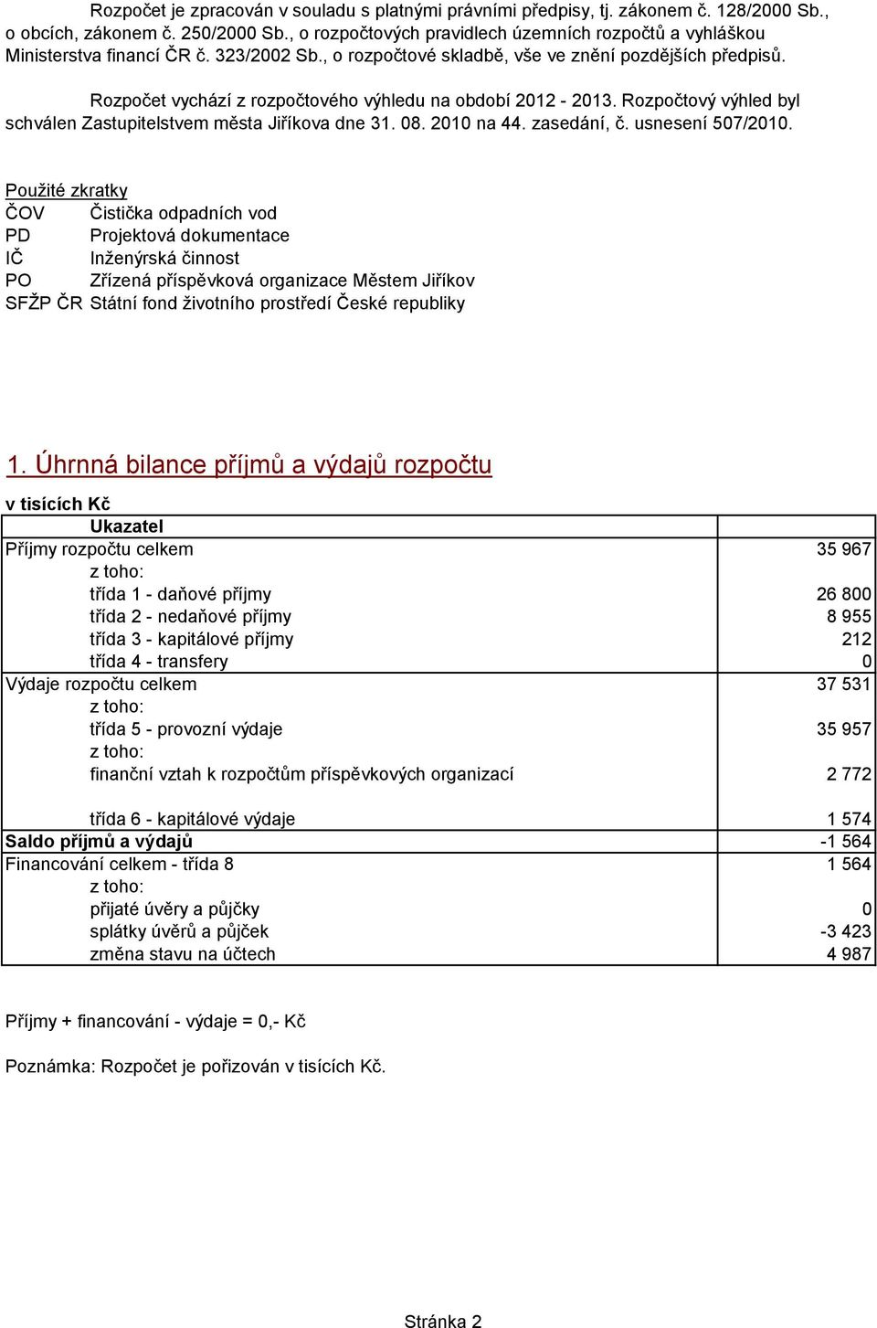 Rozpočet vychází z rozpočtového výhledu na období 2012-2013. Rozpočtový výhled byl schválen Zastupitelstvem města Jiříkova dne 31. 08. 2010 na 44. zasedání, č. usnesení 507/2010.