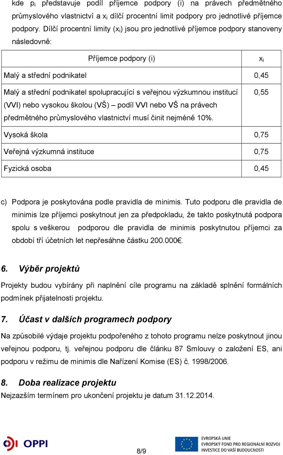 výzkumnou institucí (VVI) nebo vysokou školou (VŠ) podíl VVI nebo VŠ na právech předmětného průmyslového vlastnictví musí činit nejméně 10%.